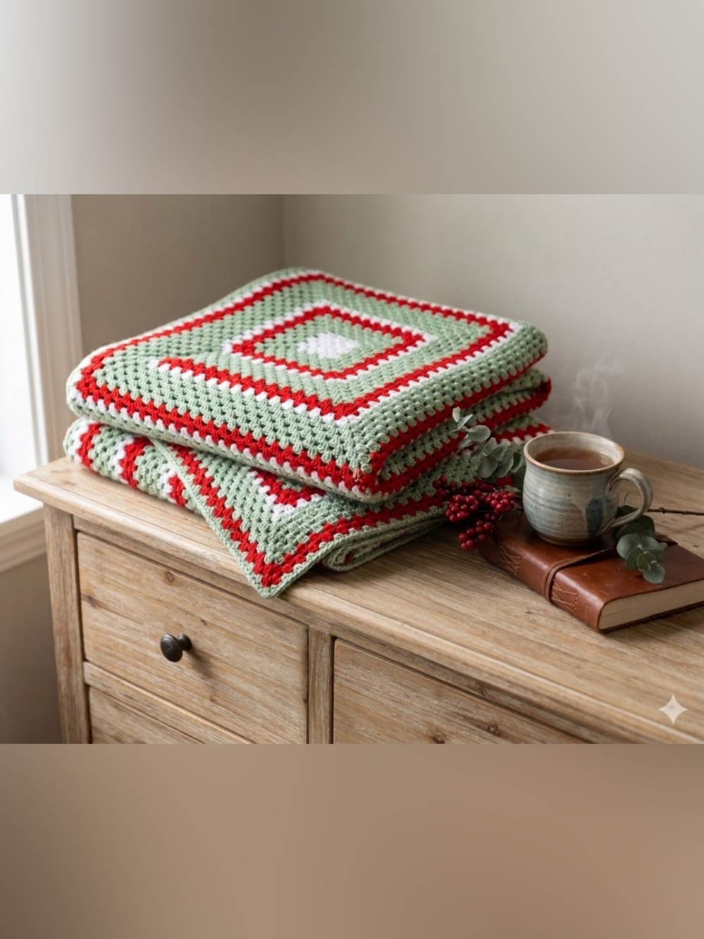 Vintage Handmade Crochet Granny Square Afghan Blanket Large 70x70 Mint Red White